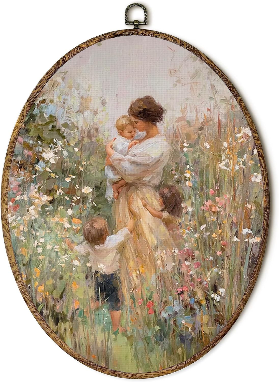 laveliabel Vintage Motherhood Cottagecore Oval Canvas Art Wall Decor, Retro Mother's Day Framed Canvas Prints, Rustic Farmhouse Floral Print Oval Hanging Wall Decor for Home Bedroom, 8.5x11.5in