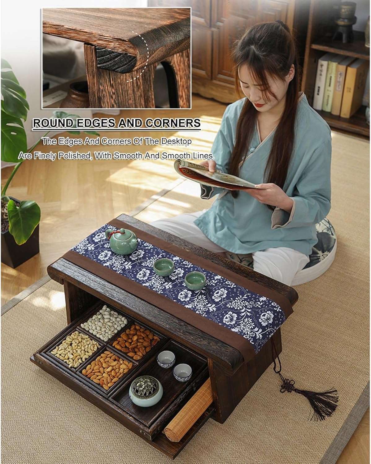 Paulownia Floor Tables Low Table for Sitting on The Floor - Small Coffee Table Accent Furniture - Meditation and Tea Altar - Folding Tatami (Color : Dark Brown, Size : 80 * 40 * 33cm)