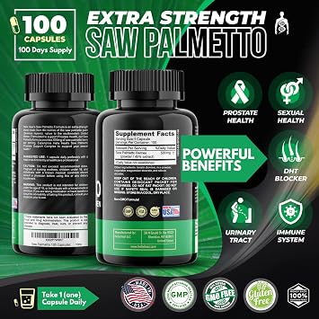 Saw Palmetto for Men - Prostate Health Supplements for Men Urinary Health - Natural DHT Blocker, 500mg Extra Strength Hair Regrowth Treatments - 100 Capsules 3 Months Supply