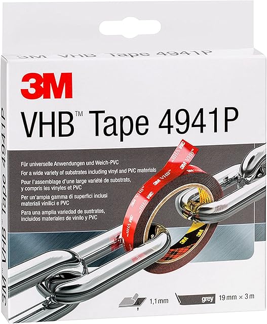 3M VHB 4941P, Double Sided Foam Tape - Excellent Adhesion to Most Metals, Polycarbonate and ABS - Grey, 19 mm x 3 m, 1.1 mm (1 Roll)