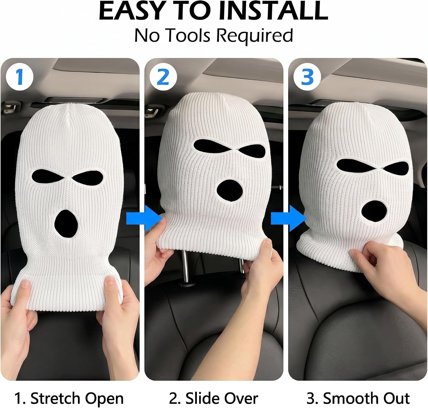 2 PCS Headrest Covers, Funny Full Face Mask Design, Soft Stretchable Anti-scratch Protector for Front Seats, Universal for Most Cars, Trucks, SUVs (White)