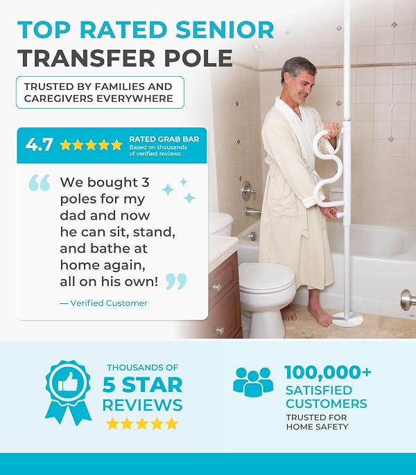Stander Wonder Pole HD, Heavy Duty Security Pole and Curve Grab Bar, Tension Mounted Floor to Ceiling Transfer Pole for Seniors & Elderly Adults, Bariatric Bath Safety Assist Rail, Supports 400 lbs by Stander - Image 9