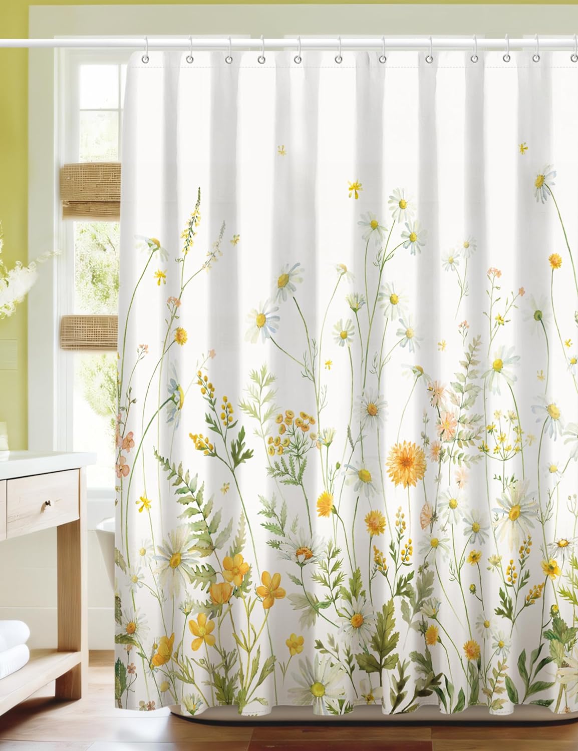 SUMGAR Floral Shower Curtains for Bathroom Yellow Green Blooming Flowers Shower Curtain Polyester Fabric Waterproof Washable Shower Curtain Sets for Bath Decor with 12 Hooks, 72 x 72 Inch