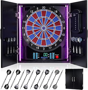 Electronic Dart Board, Electric Dartboard Cabinet Set for Adults [12 Soft Tip Darts] Individual Light Color for Each Player- Wooden Dartboard Cabinet for Family Game