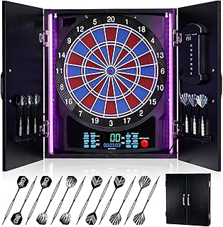 Electronic Dart Board, Electric Dartboard Cabinet Set for Adults [12 Soft Tip Darts] Individual Light Color for Each Player- Wooden Dartboard Cabinet for Family Game