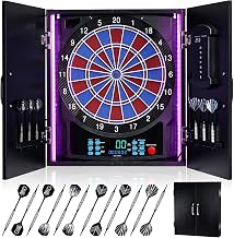 Electronic Dart Board, Electric Dartboard Cabinet with Scoreboard | [12 Soft Tip Darts][ Wooden Cabinet] Individual Light Color for Each Player-Dart Boards or Adults, Family Game & Bar