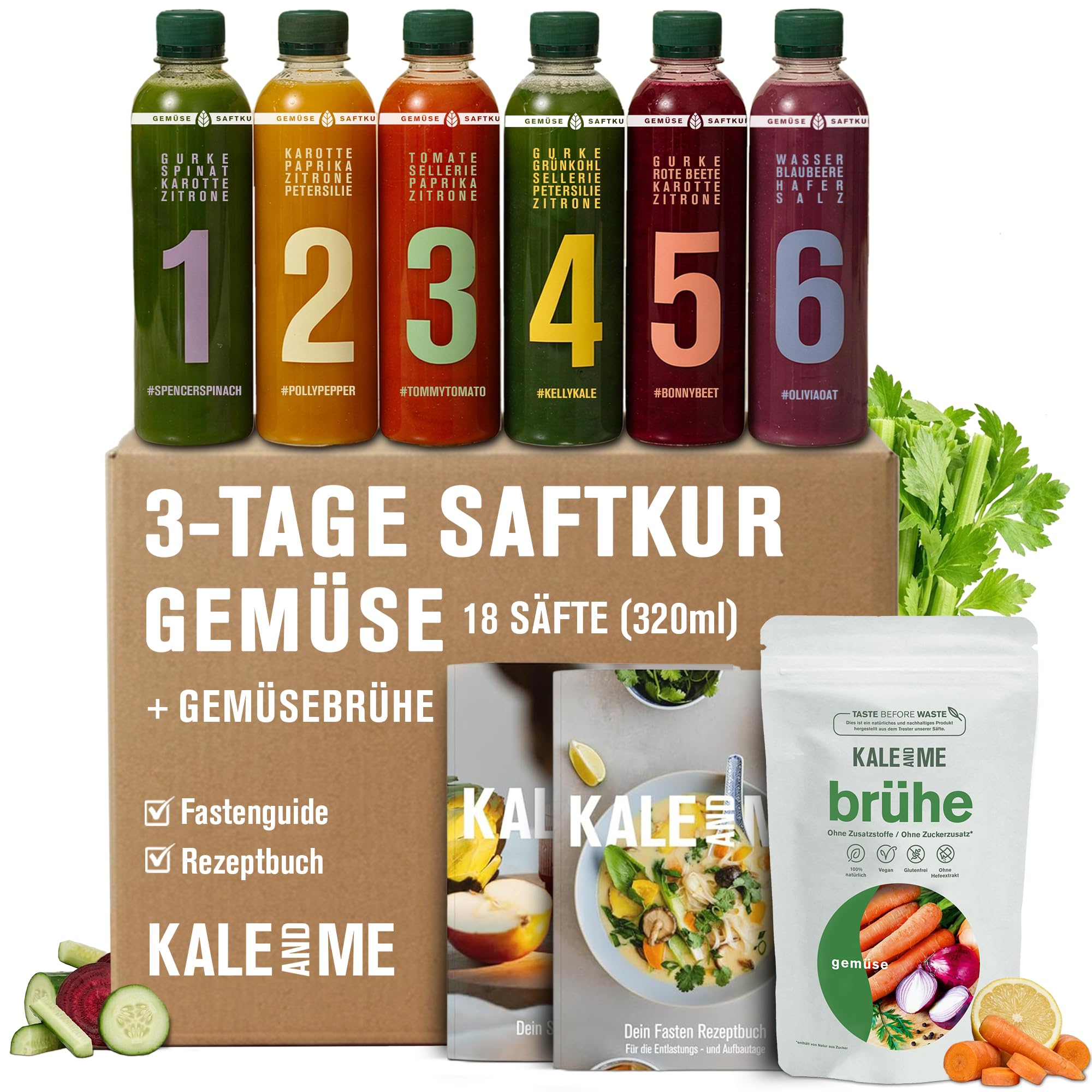 Kale&Me Saftkur Gemüse 3 Tage – 18 nummerierte Flaschen mit je 320 ml | 6 verschiedene kaltgepresste Säfte aus 98% Gemüse, vegan, ohne Zusatz- & Konservierungsstoffe, mit Guide & Gemüsebrühepulver