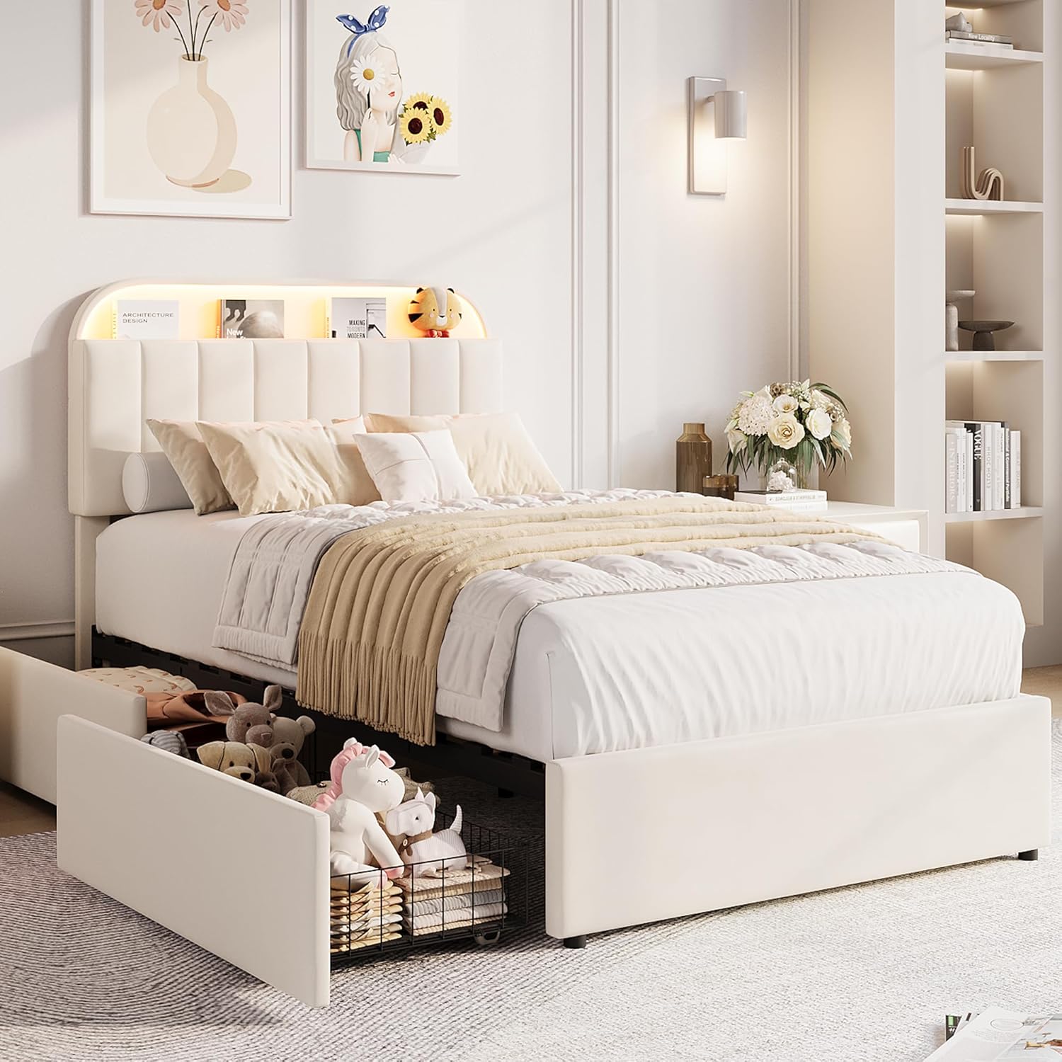 GarveeHome Twin Bed Frame with Storage Headboard, Kids Bed Frame with 2 Drawers, Velvet Upholstered Platform Bed Frame with Lights, No Box Spring Needed, Easy Assembly, Velvet White