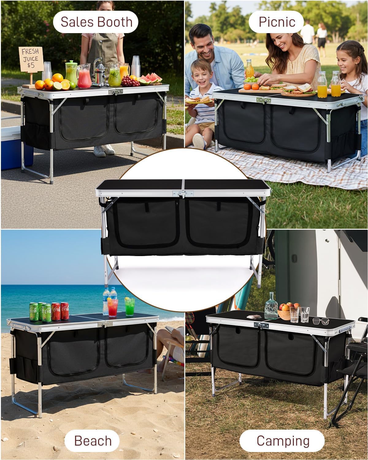 Outvita Folding Table, 4FT Aluminum Camping Table with Large Storage Space and Adjustable Height Picnic Table Lightweight for Carring Outdoor Party Events Beach