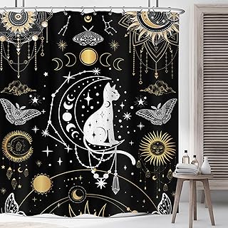 LIGHTINHOME Black Cat Tarot Shower Curtain 60Wx72H Inches Moon Phases Moth Witchy Mysterious Celestial Aesthetic Gothic Astrology Cloth Fabric Waterproof Polyester Bathroom Home Decor Set with Hooks