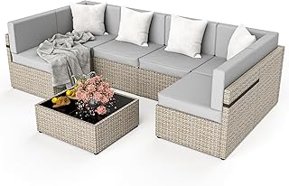 7 Pieces Modular Outdoor Sectional Wicker Patio Furniture Set Sectional Sofa Conversation Sets with Coffee Table and Washable Cushions Covers for Backyard Porch Balcony