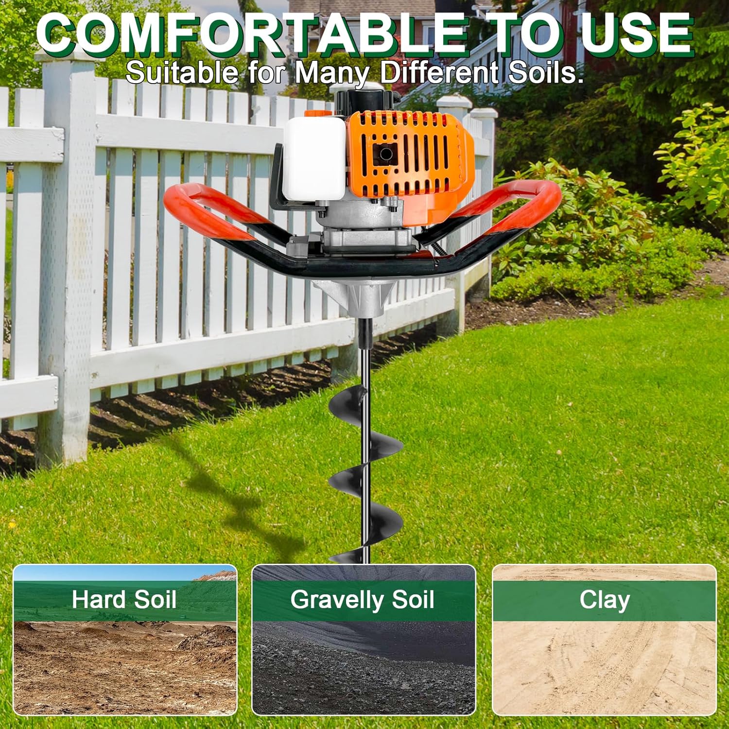 62CC Newly Upgraded Post Hole Digger Gas Powered with 4 Drill Bits (4"& 6"& 8"& 12") + 3 Extension Rod(8" & 12"& 20"), 2 Stroke Auger Post Hole Digger for Planting - Ideal for Farm & Garden