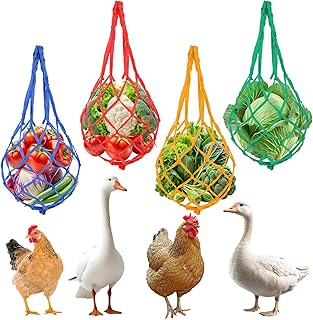 4Pcs Hanging Chicken Feeder, Chicken Toys for Coop with Net Rope, 22.4" Hanging Chickens Feeder for Poultry, Hens, Duck (Green, Yellow, Red, Blue)