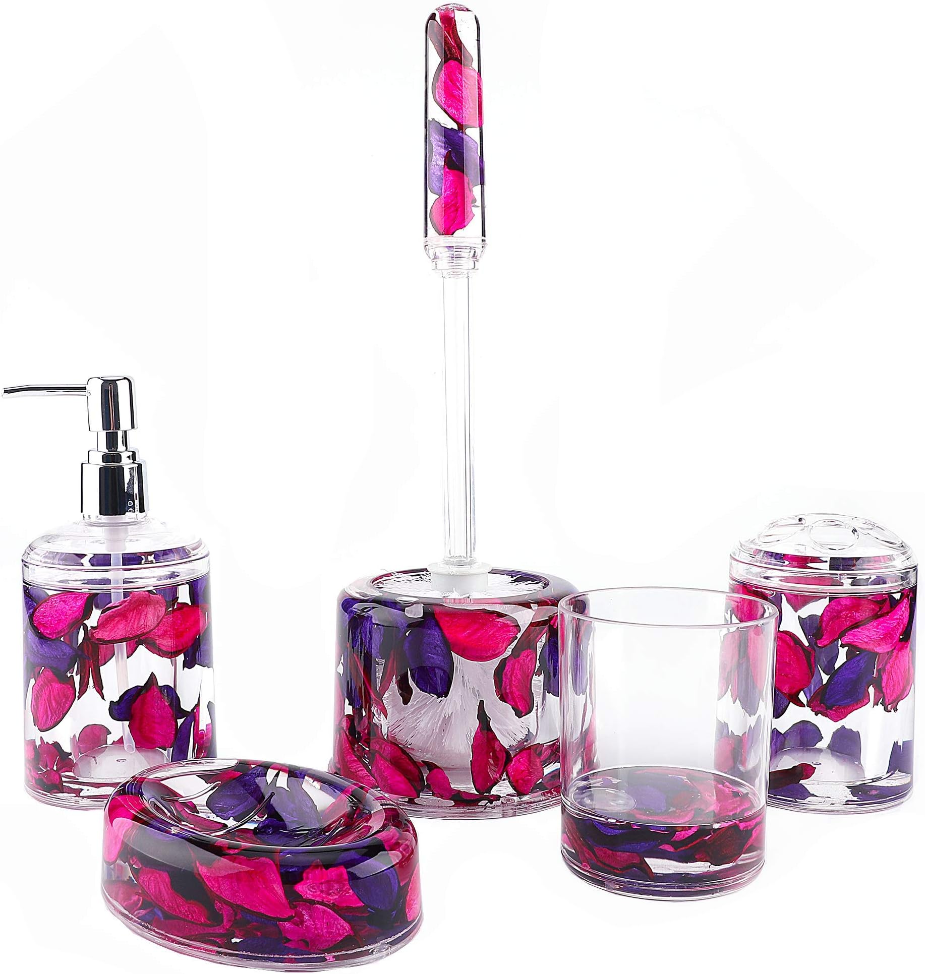 Locco Decor 5 Piece Acrylic Liquid 4D Floating Motion Bathroom Vanity Accessory Set Garden Theme Leaf Toothbrush Holder, Tumbler, Soap Dispenser, Soap Dish, Toiletbrush Holder Set