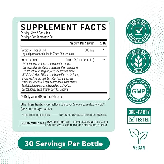 Prebiotics and Probiotics, 50 Billion CFU, 16 Probiotic Strains & Inulin | With Prebiotic Fiber, Delayed Release Capsules, Gut Health Support, Prebiotics and Probiotics for Women & Men, 60 Capsules