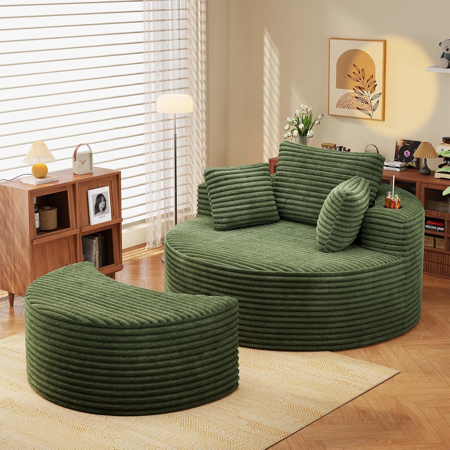 Round Chaise Lounge with Ottoman, Boneless Cloud Corduroy Curved Reading Lounge Sofa Chair with Cup Holders, Circle Memory Foam Chaise Chair and Ottoman Set for Study, Living Room, Sunroom, Green