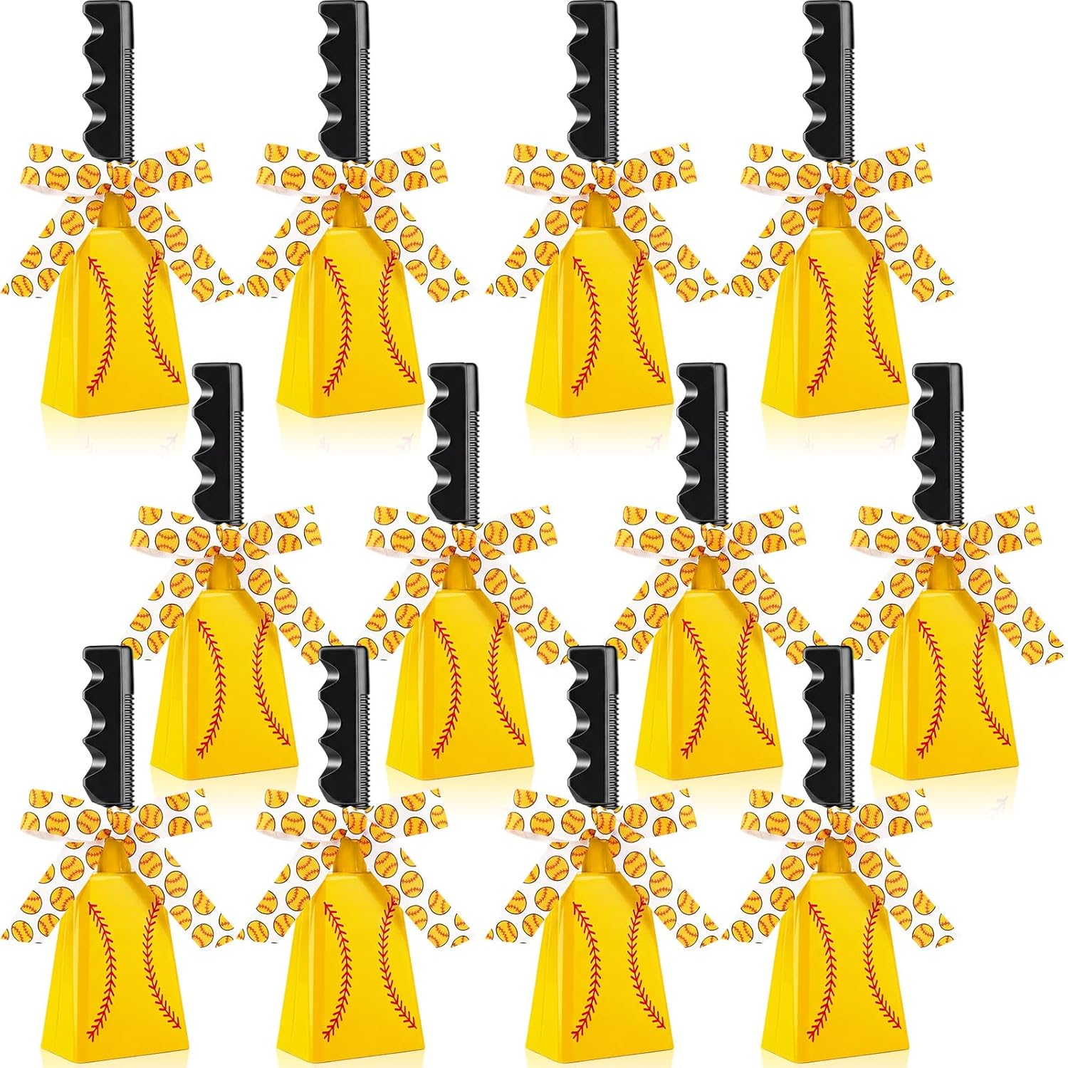 WinnerWhy 12 Pcs 9 Inch Cowbell with Handle Metal Cheering Cow Bells Noise Maker with 4 Rolls Ribbons Large Loud Cow Hand Bells for Sport Events Games Party Concert (Softball)