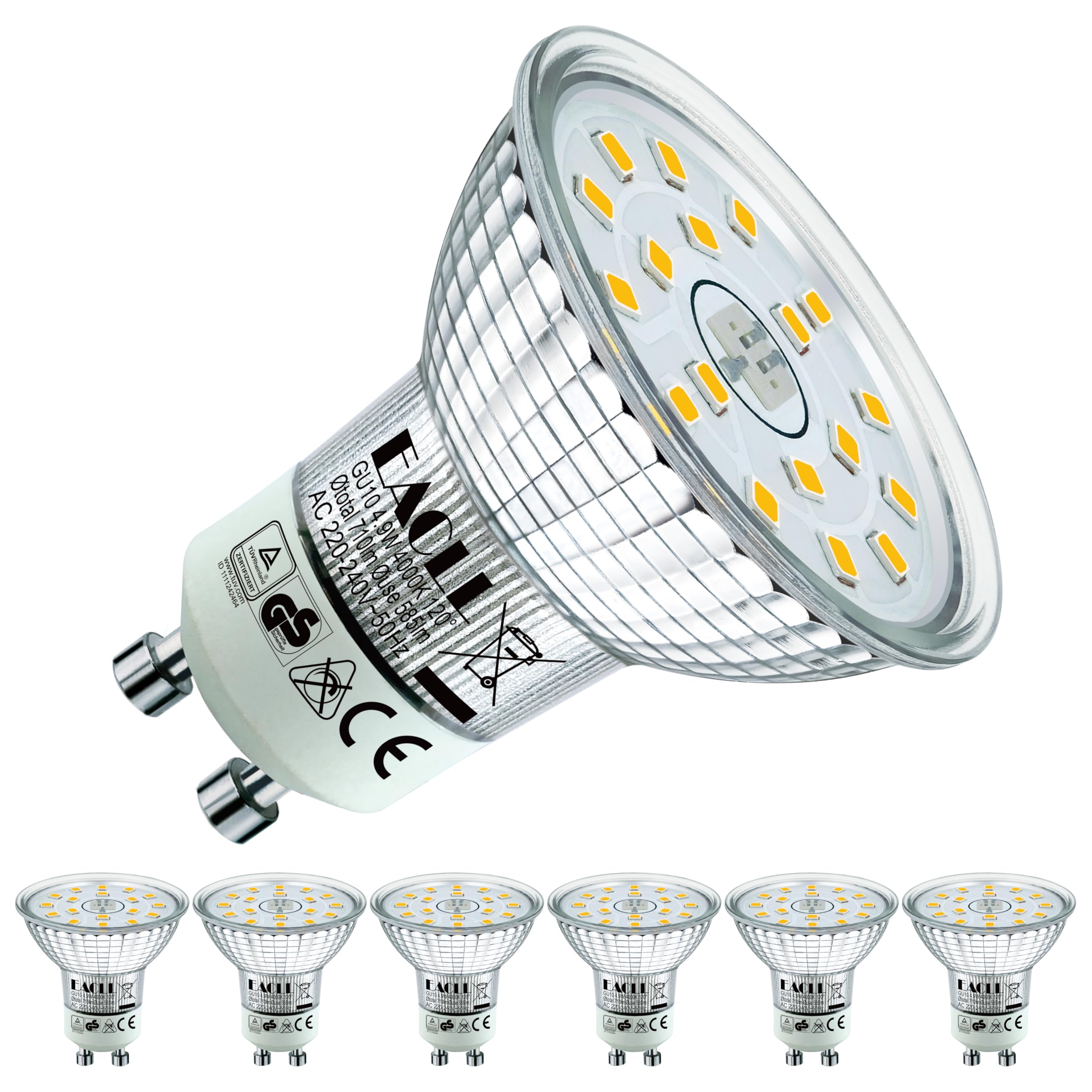 EACLL GU10 LED 4.9W Warmweiss/Neutralweiss/Kaltweiss Ersetzt 70W/75W Halogen Leuchtmittel, 2200K/2700K/4000K/6000K, AC 230V Strahler, 120°Spot, Nicht Dimmbar Reflektorlampen, 4/6/8/10/20er Pack