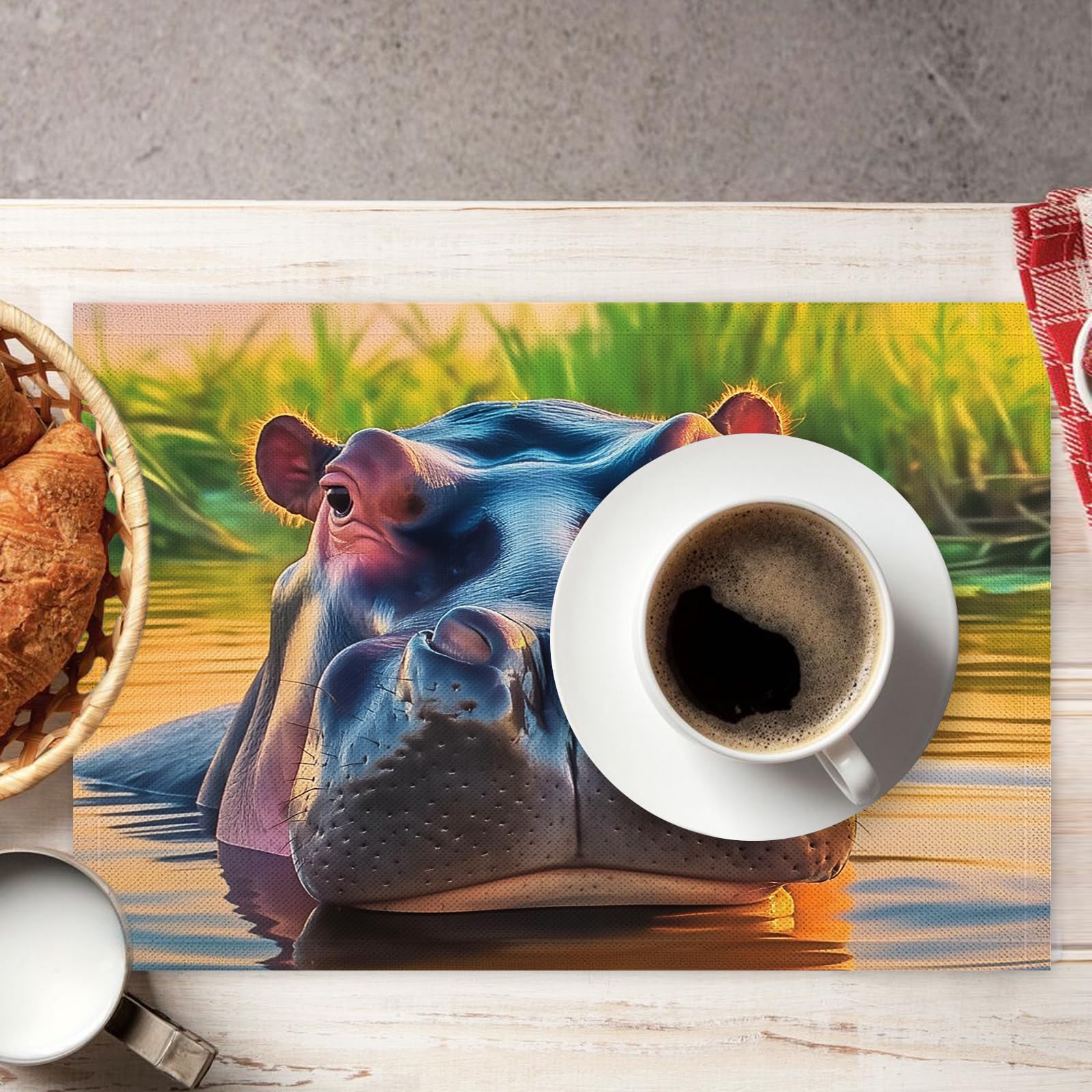 Set di 8 Tovagliette Americane Lavabili Cotone Lino Animale - Tovaglietta Americana Stoffa Resistenti al Calore Durevole Ippopotamo africano- per Colazione Pranzo