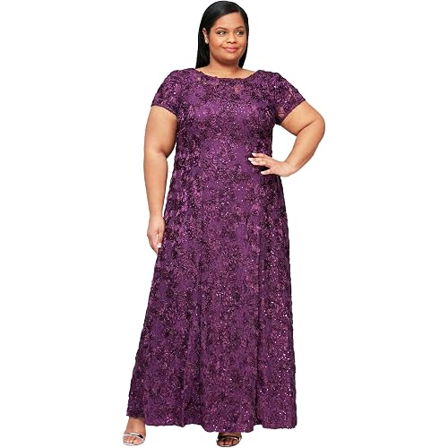 Alex Evenings Women's Long Rosette Mother of The Bride Dress with Short Sleeves