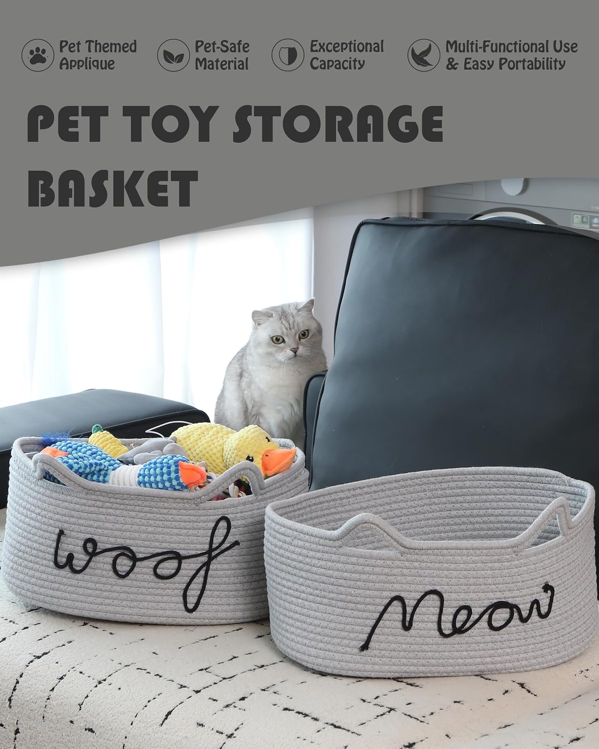 Sea Team Cat Toy Storage Basket with Handles and Ears, Gray Meow image 3