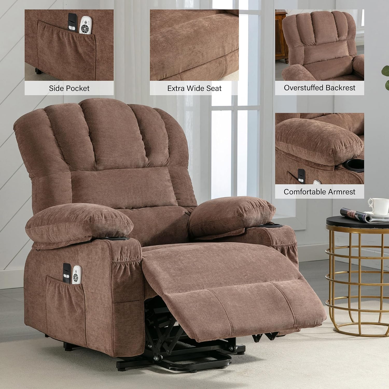 Power Lift Recliner Chair for Elderly, Massage Chairs Full Body with Lumbar Heating, Electric Lift Recliners Single Sofa with Cup Holders, Side Pockets and USB Charge Port (Brown)