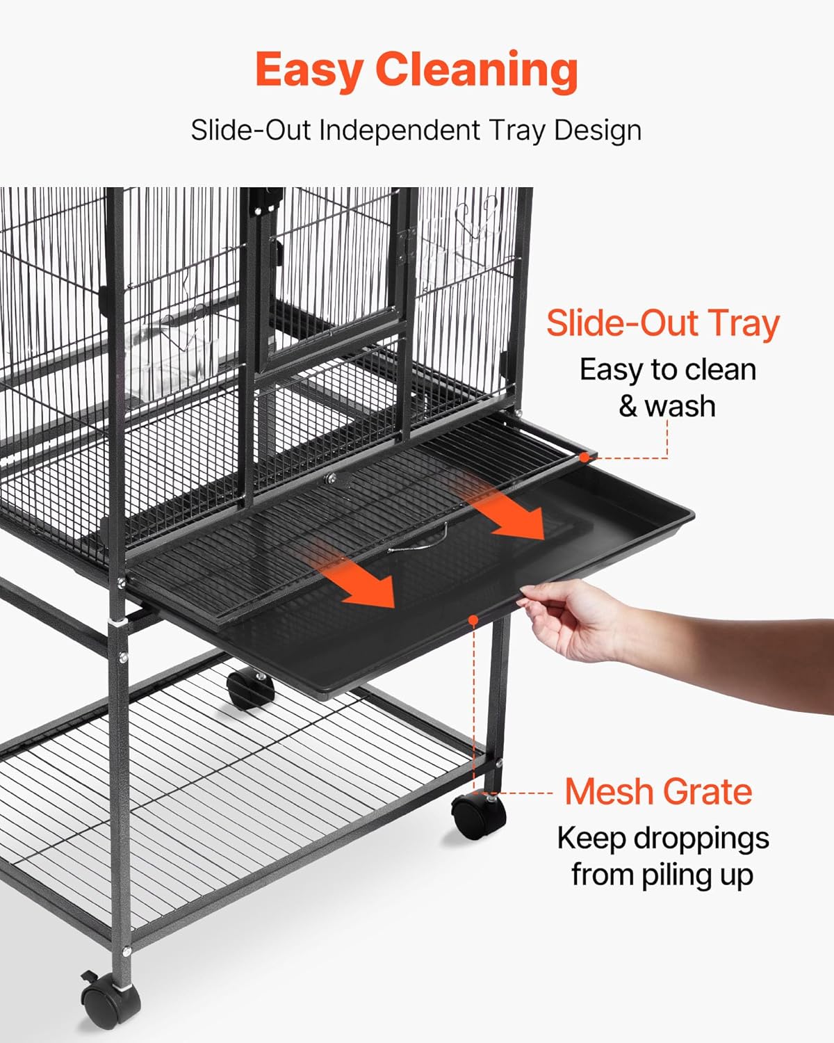 VEVOR Bird Cage, 24.6 x 16.7 x 53.9 inch, Flat Top, Wrought Iron Bird Flight Cage with Perches, Slide-Out Tray and Plastic Feeders, Casters, for Parrot, Blue Tit, Cockatiel, Canary, Budgerigar, Conure