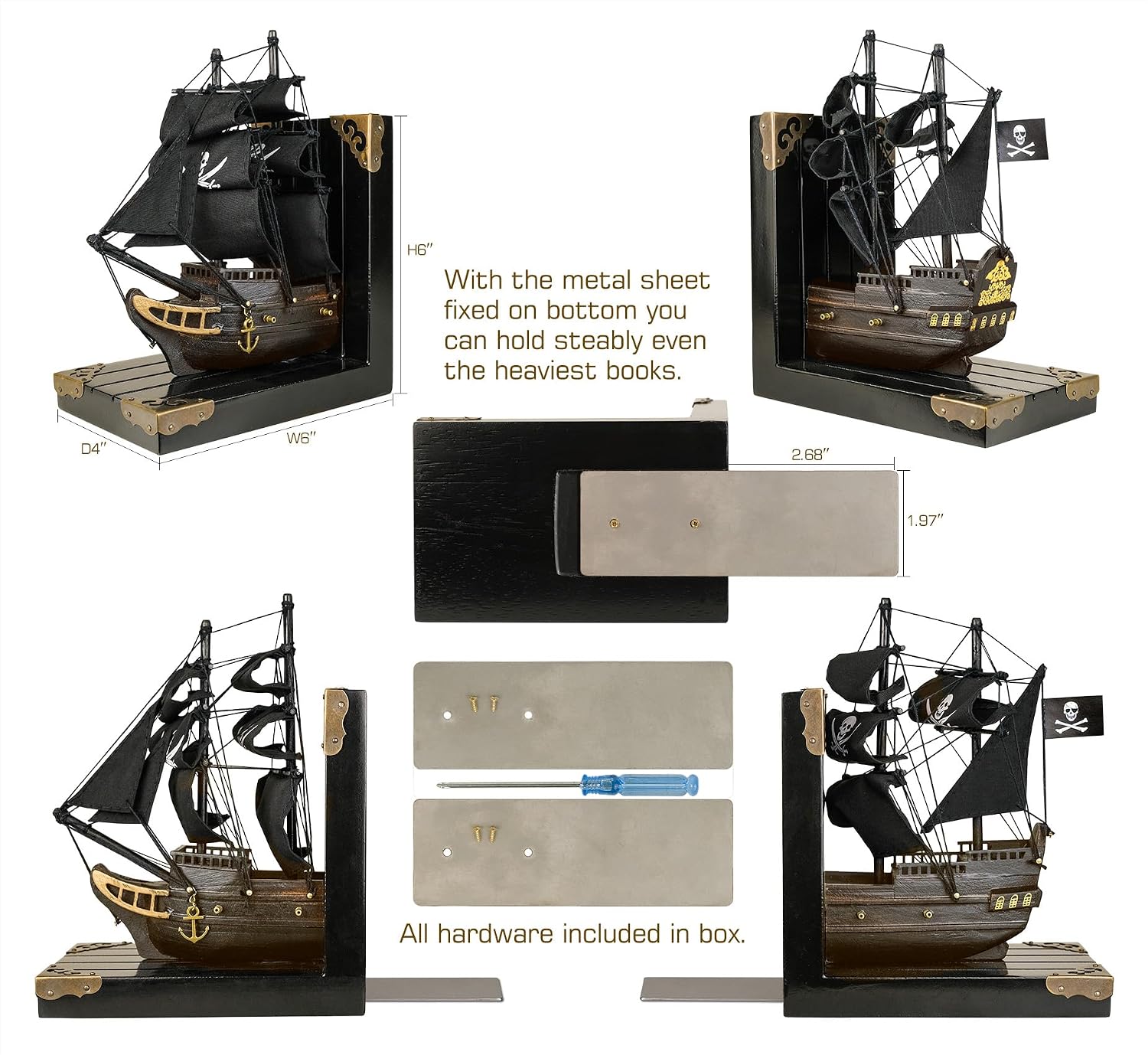 SAILINGSTORY Wooden Pirate Ship Model Bookends Black Pearl, Set