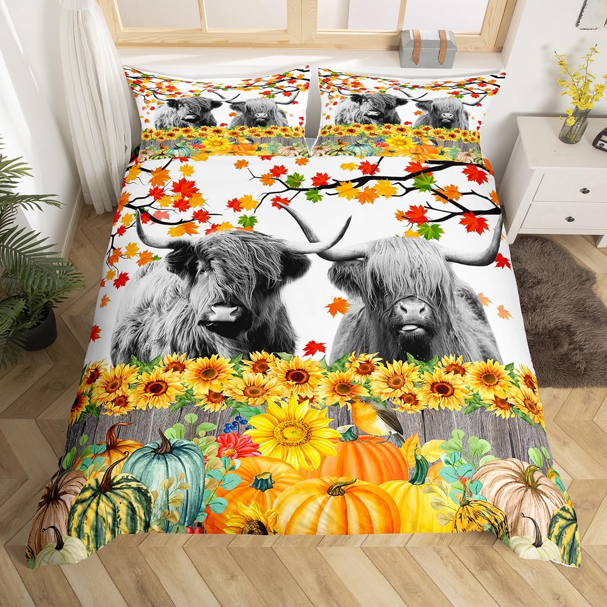 Highland Cattle Duvet Cover Set Single Size, Fall Pumpkin Sunflower Maple Leaves Comforter Cover with 1 Pillowcase, Farm Animals Bedding Set 2pcs for Kids Boy Girls Lightweight Bedspread Cover โ image 1
