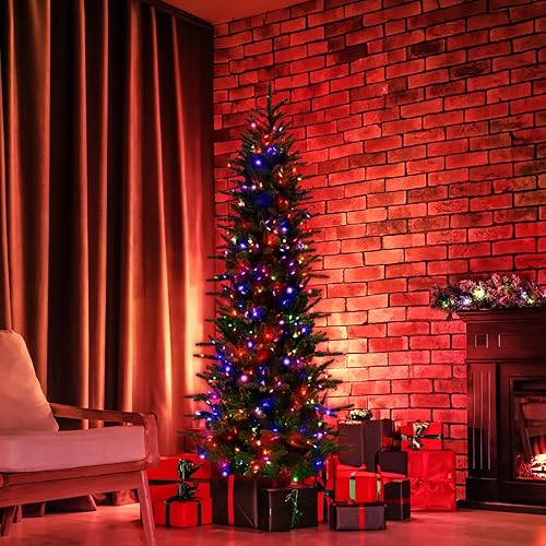 Miniatura 47 de Fraser Hill Farm Árbol de Navidad artificial de pino carmelo preiluminado de 7.5 pies con luces LED dobles multicolor y blanco cálido, follaje LED