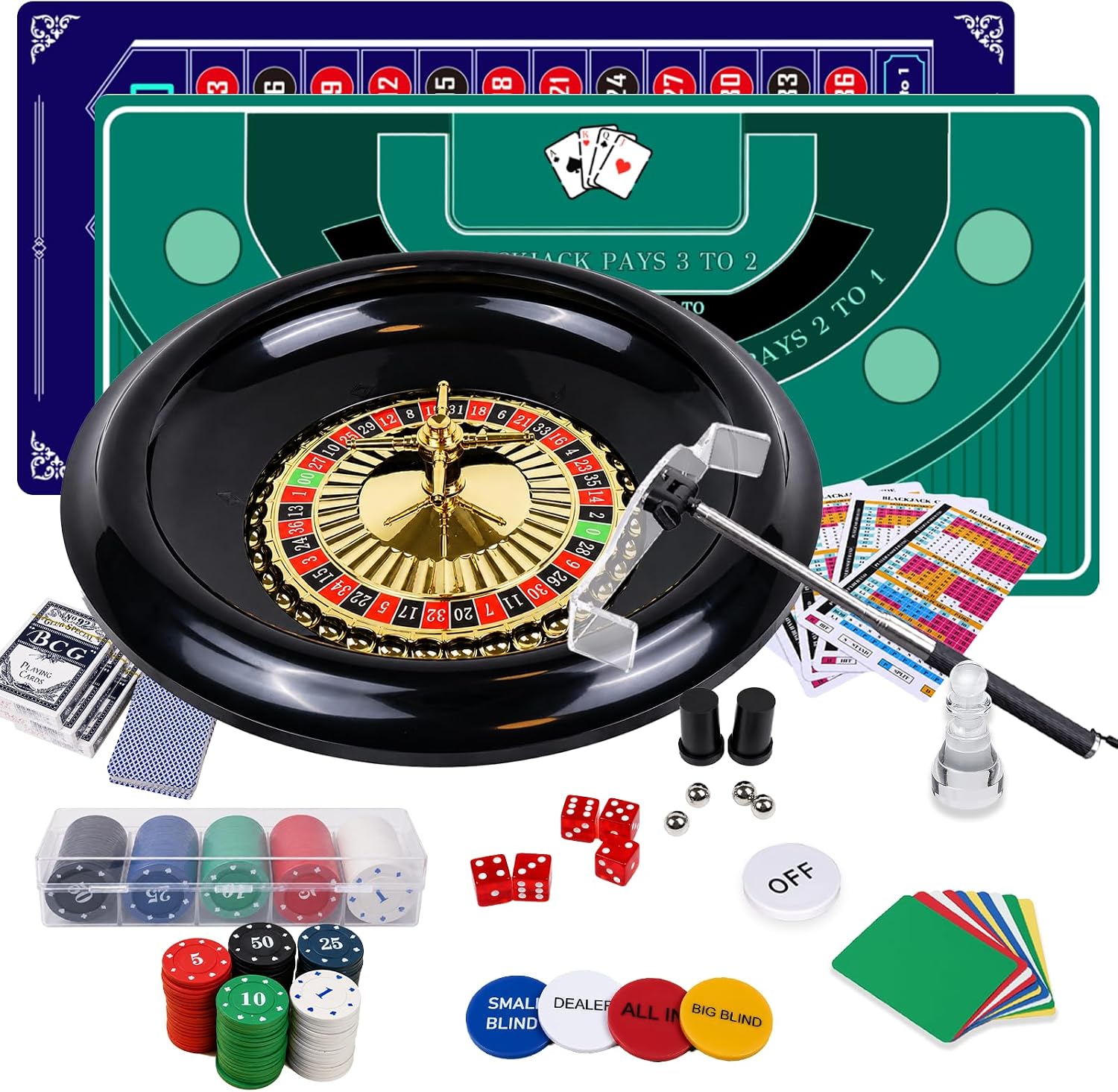 Entertainment Casino Game Set,16'' Big Roulette Wheel & 70*36'' Double Side Mat,4-IN-1 Poker Card Kit with 200 Chips,4 Deck Poker Card,Chip rake,5 Dices,Blackjack,Texas Hold'em,Roulette&Craps Game