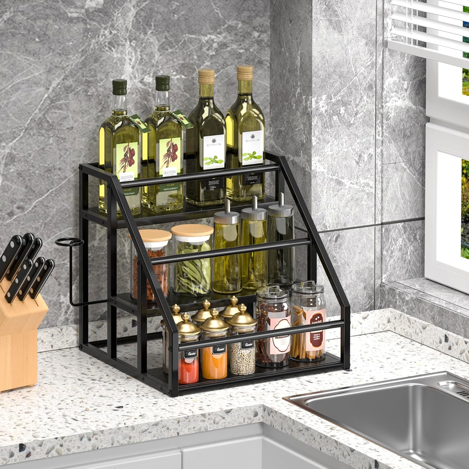 Coffee Syrup Rack Organizer, Spice Racks, Syrup Bottle Holder Stand for Coffee Bar, 3-Tier 12 Bottles Storage Shelves for Syrup, Wine, Dressing for Kitchen Countertop, Black