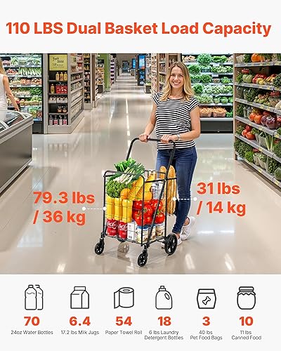 Miniatura 2 de VEVOR Carrito de compras plegable, carrito de comestibles jumbo con cestas dobles, ruedas giratorias de 360, carrito utilitario resistente, carrito