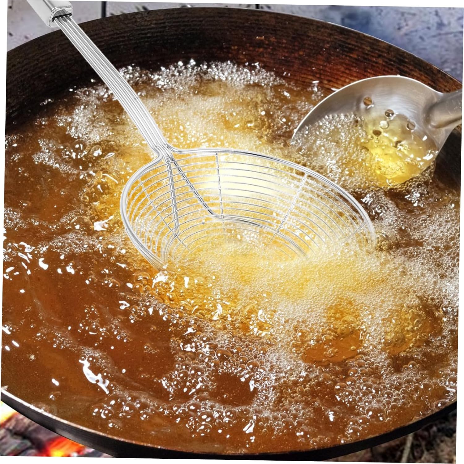 INOOMP 1Pc Stainless Steel Noodles Colander Diameter Frying Oil Strainer Spoon with Long Handle Mesh Kitchen Tool for Home Restaurant Cooking for French Fries Pasta
