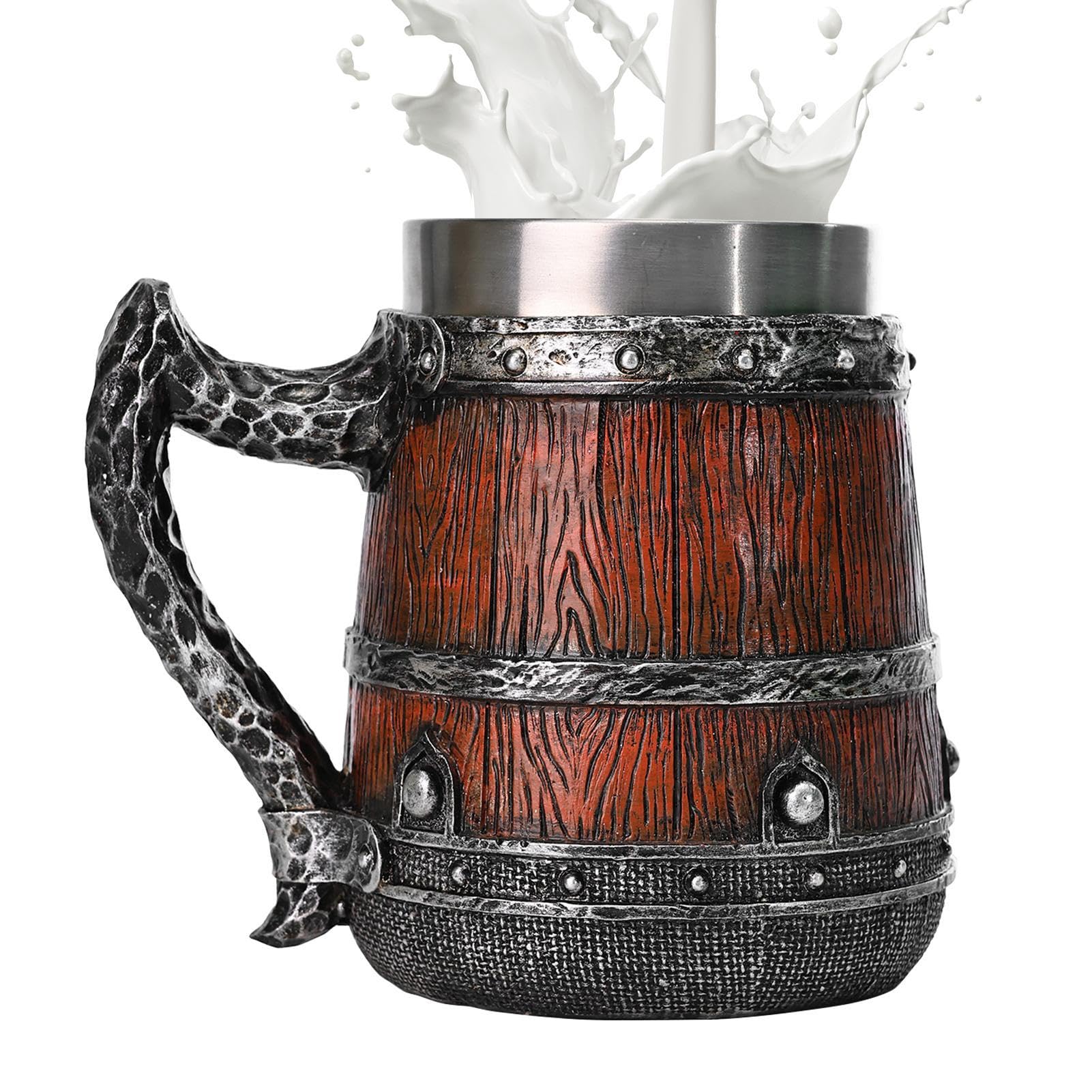 Tasse médiévale artisanale en acier inoxydable et finitions effet bois sculpté