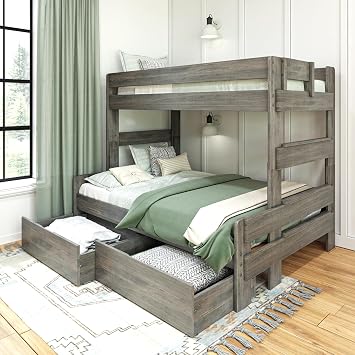Max & Lily Modern Farmhouse Twin/Full Bunk Bed with Storage Drawers, Driftwood