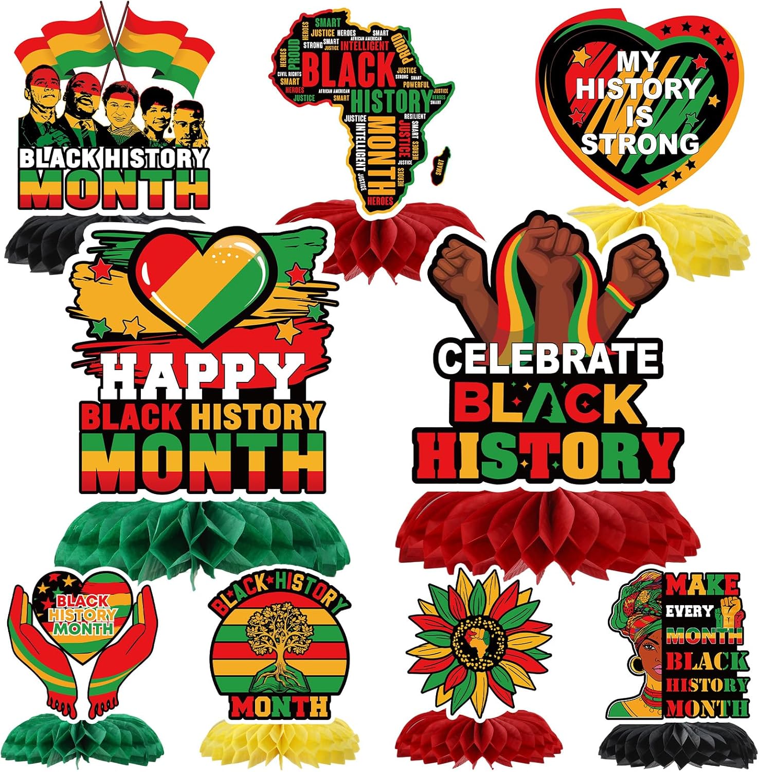 TAKEALOOKO Black History Month Decorations - 9Pcs African American Inspirational Honeycomb Centerpieces, Juneteenth & Black History Table Topper for Independence Day Party Supplies