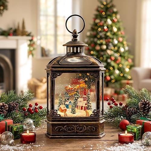 Miniatura 3 de Linterna de Navidad con forma de globo de nieve, remolino, brillante, Papá Noel volando con renos, forro USBfunciona con pilas, linterna de agua
