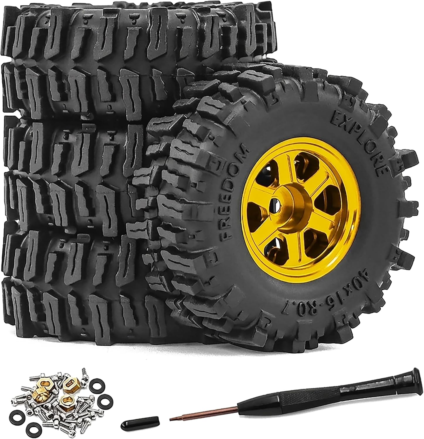 0.7" Aluminum Beadlock Wheel & Crawler Tire Set for 1/30 RC Crawler, CNC Rims, 40 x 16 mm Tires, Includes Screwdriver, Pre-Assembled 4 pcs, Black