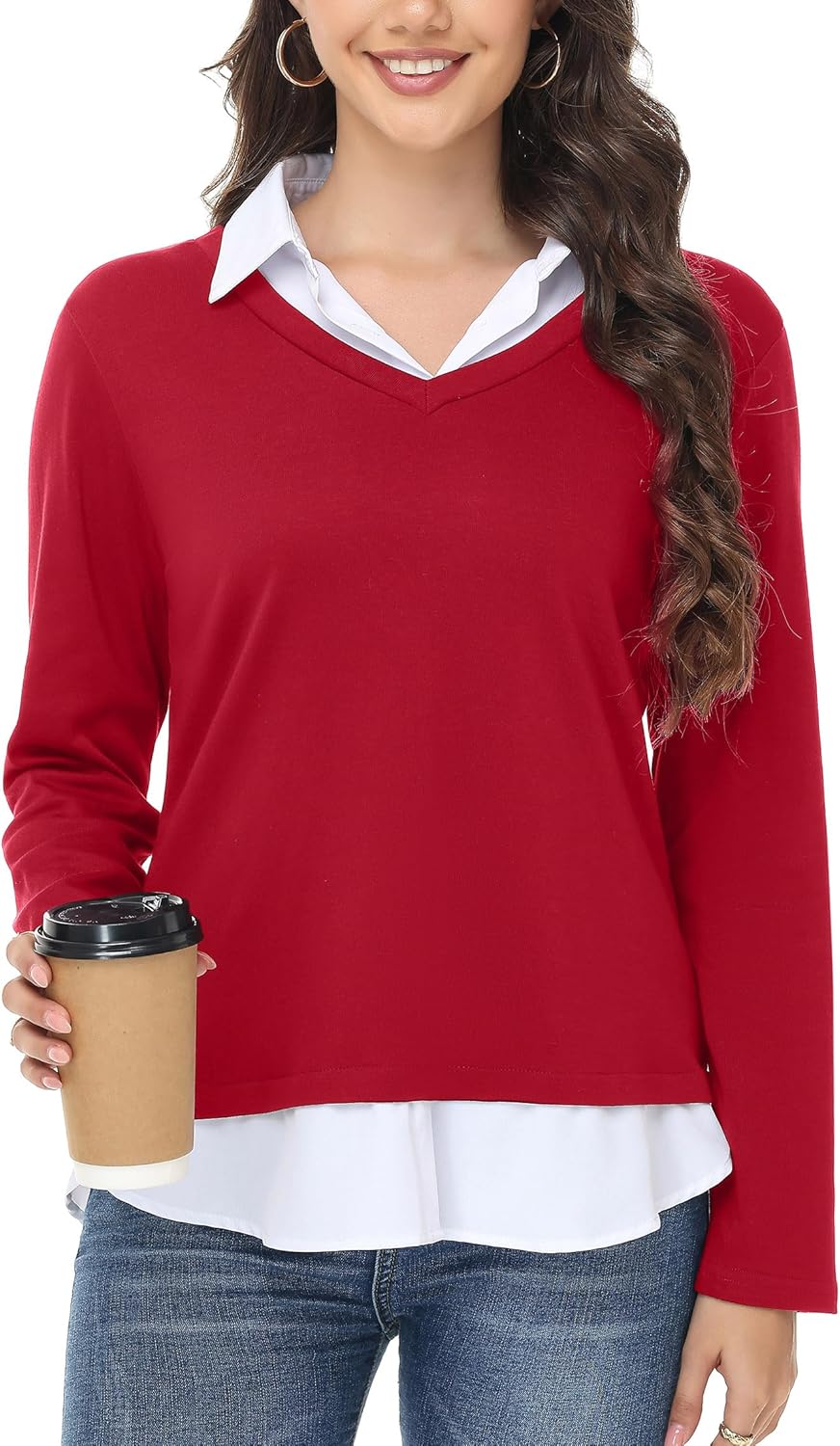 Womens Sweaters Fall Fashion 2025 V Neck Long Sleeve Collared Shirts Office Business Lightweight 2 in 1 Tops
