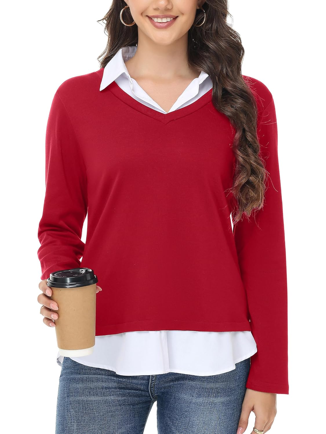 Womens Sweaters Fall Fashion 2025 V Neck Long Sleeve Collared Shirts Office Business Lightweight 2 in 1 Tops