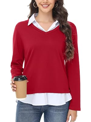 Womens Sweaters Fall Fashion 2025 V Neck Long Sleeve Collared Shirts Office Business Lightweight 2 in 1 Tops