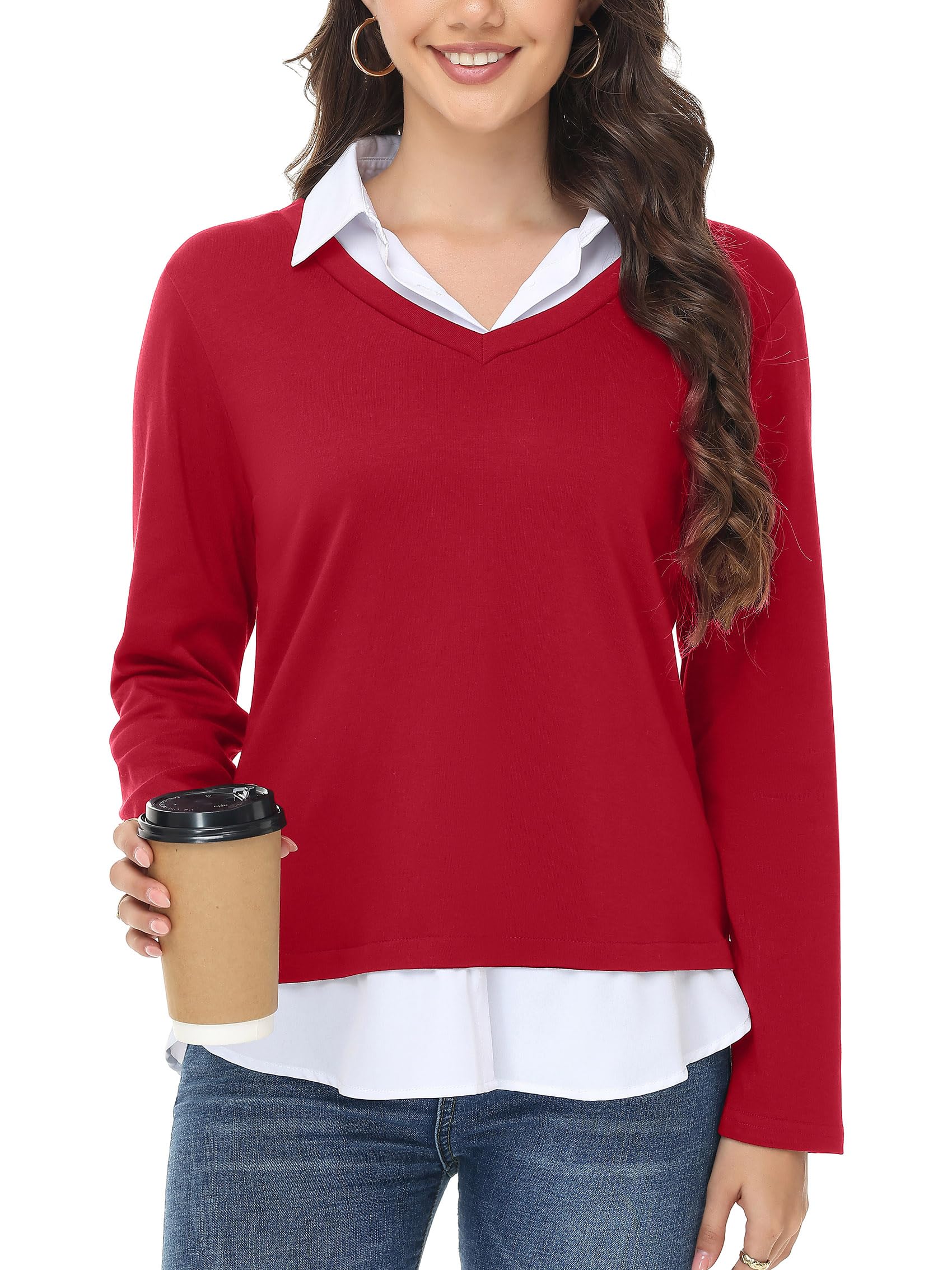 Womens Sweaters Fall Fashion 2025 V Neck Long Sleeve Collared Shirts Office Business Lightweight 2 in 1 Tops