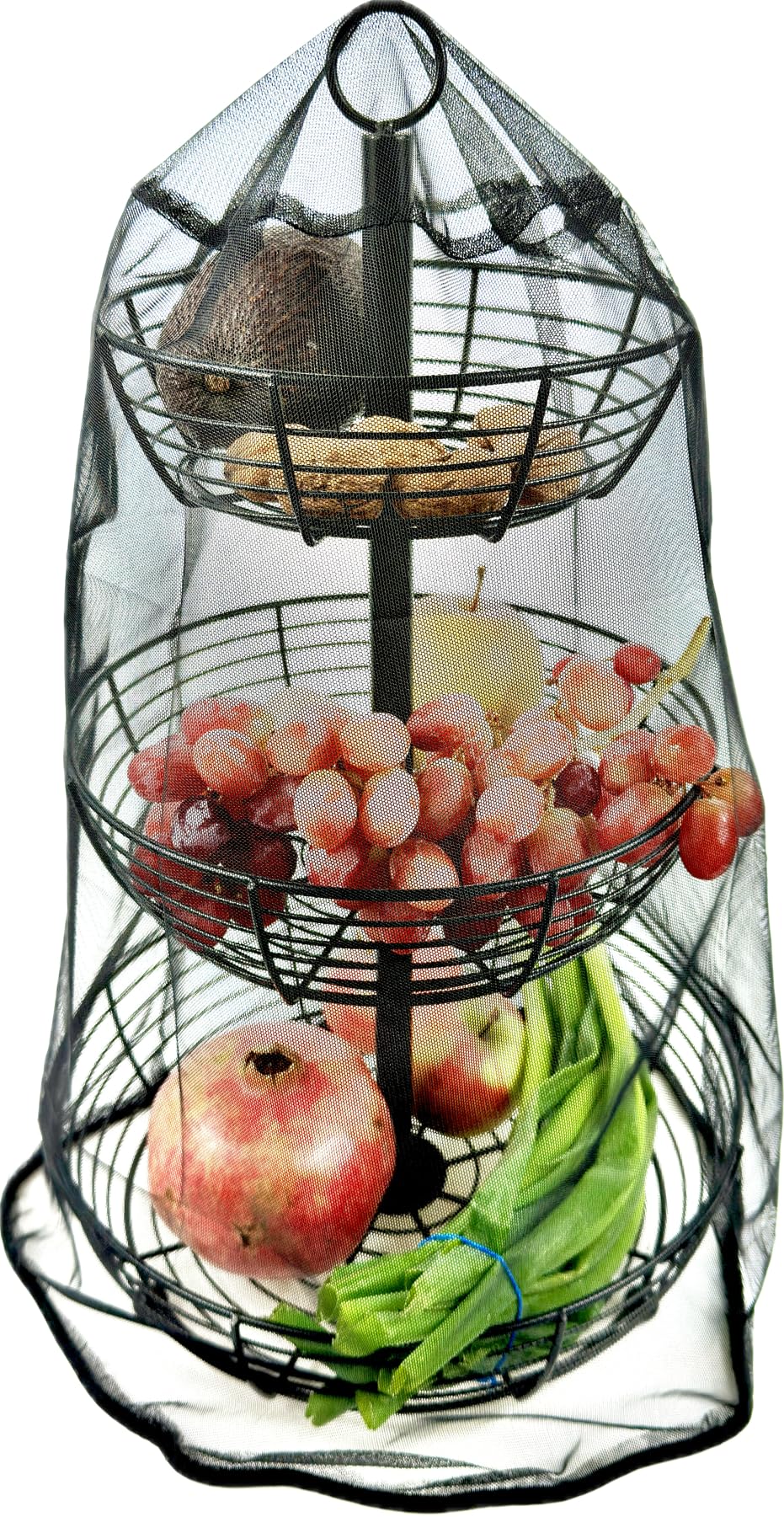 3-stöckige - Obstschale mit Insektenschutz – Schwarz - runde Teller Ø29 cm, Höhe 47 cm – Obstkorb - Obstständer -für Obst & Snacks - Gemüse -
