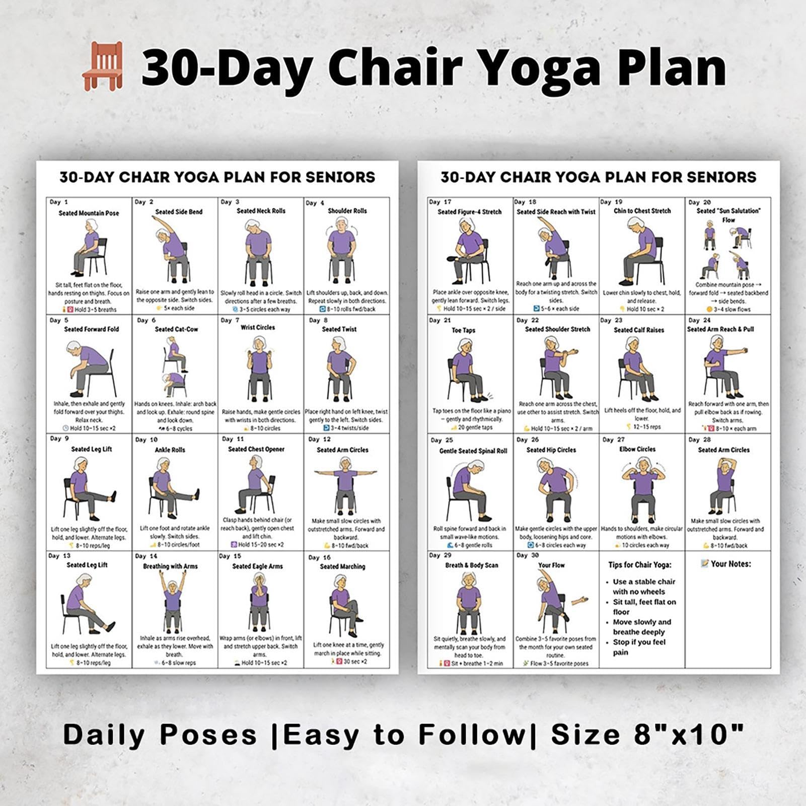 Plakat fitness w pozycji siedzącej, wykres jogi na krześle, przewodnik ćwiczeń 20 x 25 cm z ilustrowanymi krokami, ekspozycja papieru dla osób starszych, układ instrukcji montażu na ścianie
