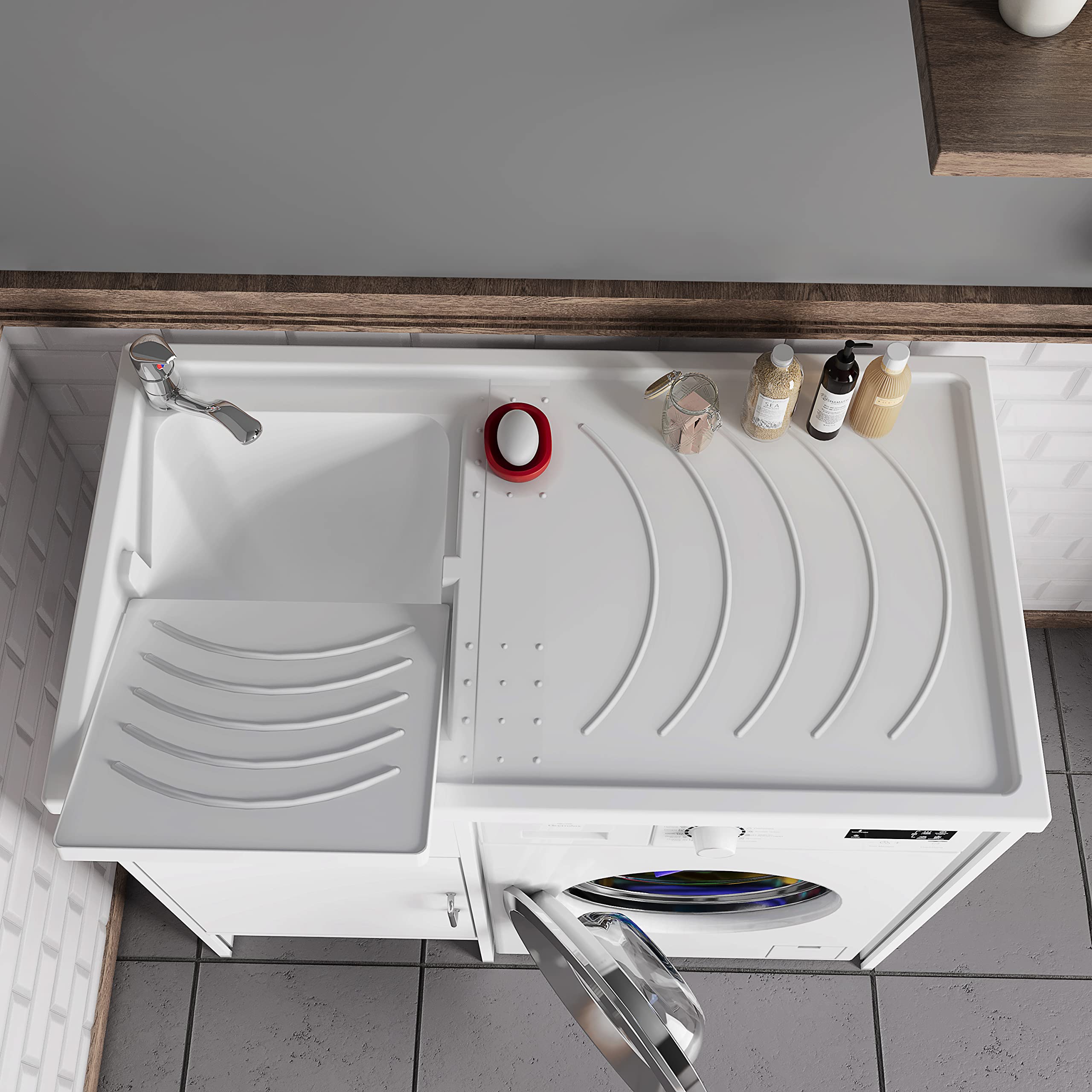 Negrari Couvre-Machine à Laver avec évier réversible 9008KAM en résine, Baignoire en PP résistant aux acides, intérieur/extérieur, Blanc, PVC, 109 x 60 x 89