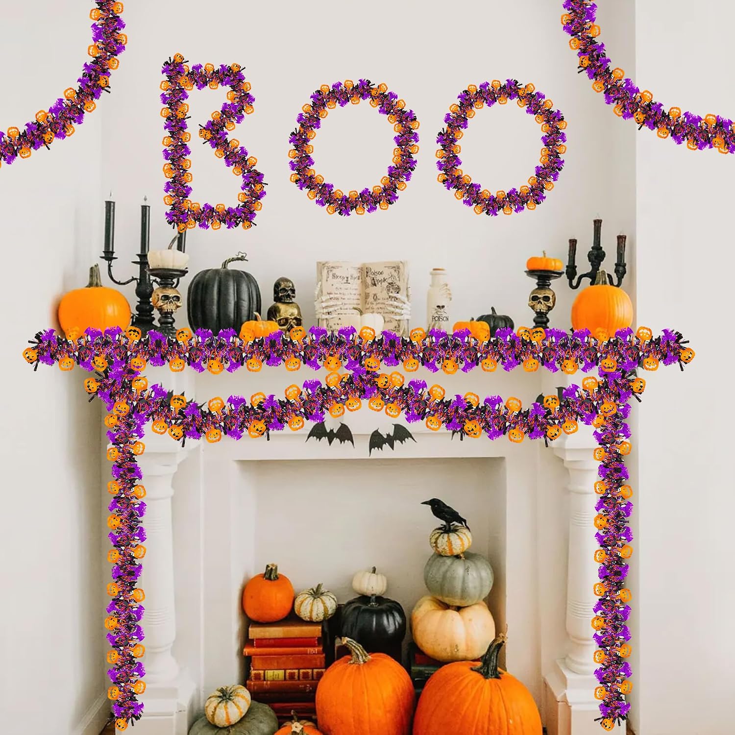 33FT Halloween Tinsel Garland with Orange Pumpkin Purple Bat Ornament, Shiny Metallic Twist Garland Outdoor Indoor Halloween Decorations for Home Table Office Classroom Fireplace Party Decor thumbnail