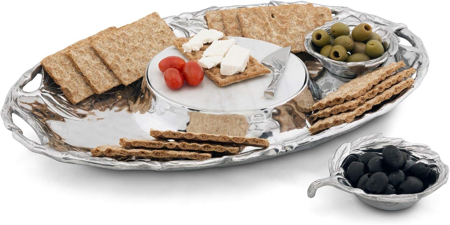 Arthur Court Sand-Cast Aluminum Olive Pattern 5 Piece Entertainment Tray 2 Serving Bowls, Tray, Spread, Marble 20 inch x 13 inch