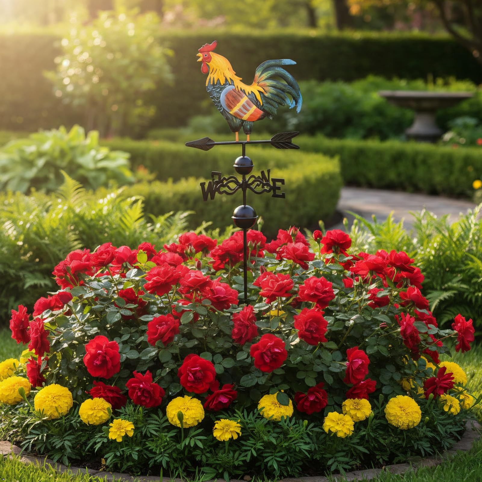 Segnavento in ghisa con ornamento a forma di gallo, indicatore di direzione del vento in metallo alto 119 cm, per decorazione giardino, cortile e patio, stile rustico, accenti esterni per proprietari