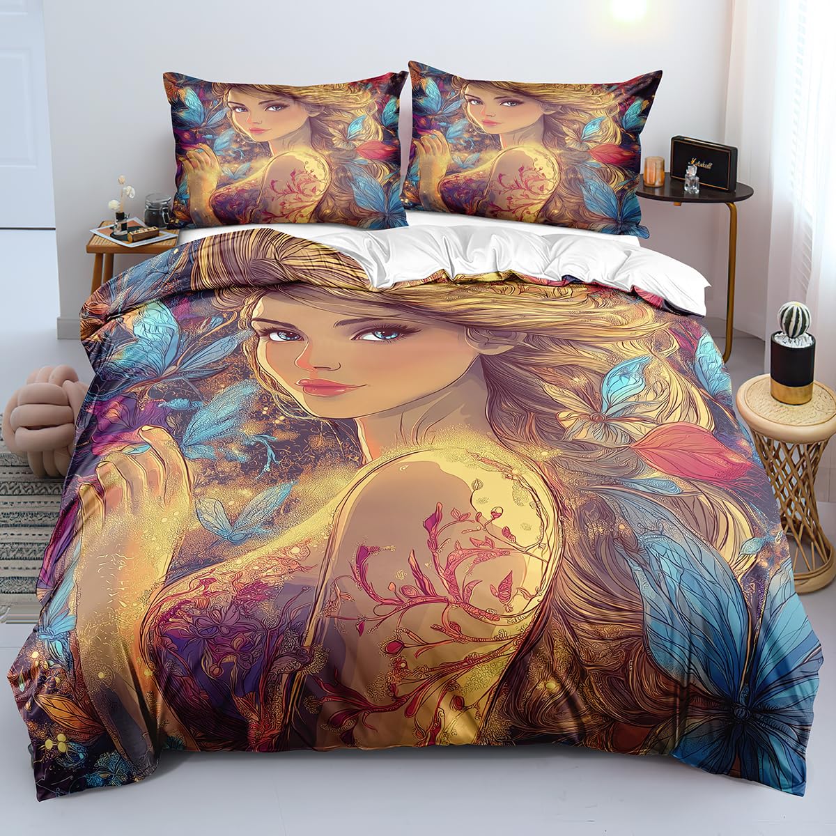 Housse de couette fantasy beauty 140x200 avec taie motif papillons et fleurs